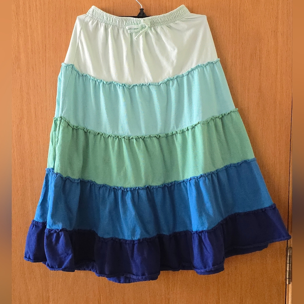 Garnet Hill kids - Girls Tiered Blue/Green/Teal Organic Cotton Skirt-Girls Large